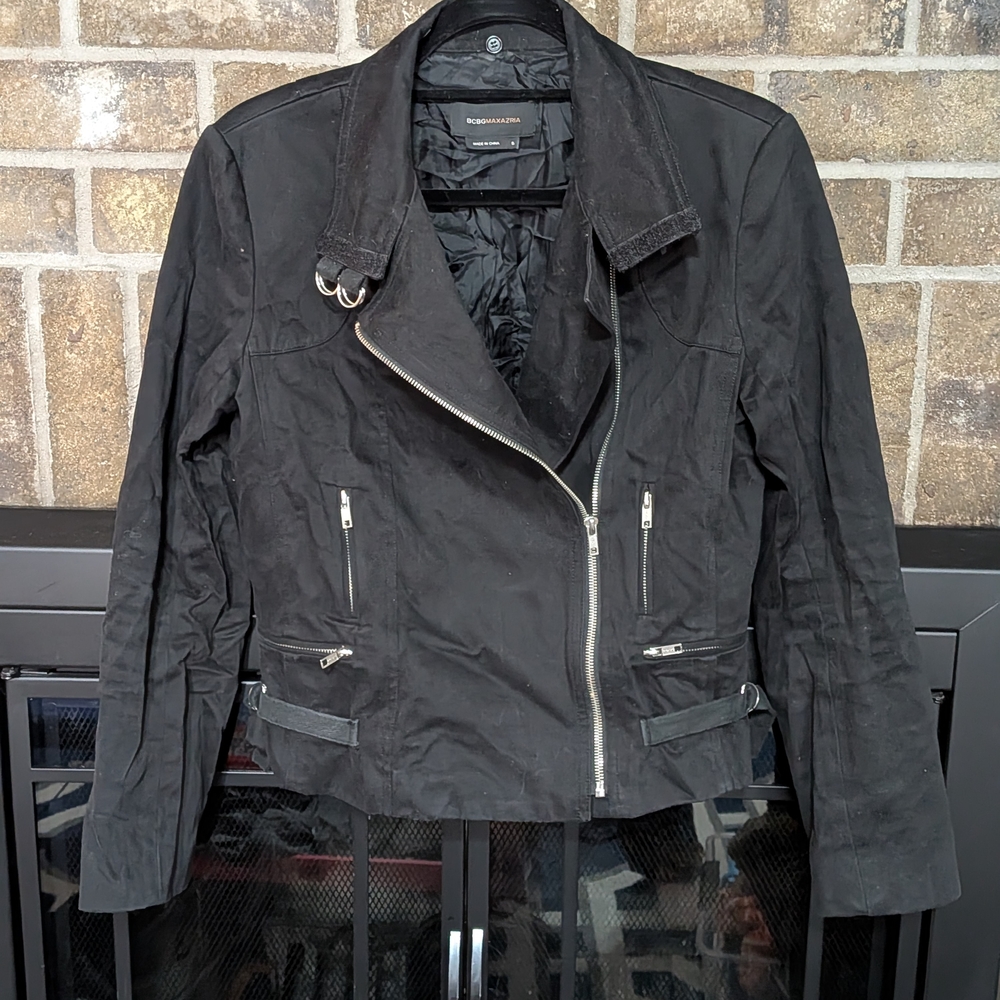 BCBGMAXAZRIA Black Textured Woven Asym Zip Cropped Biker Jacket Small Y2K EUC